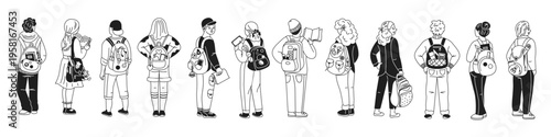 Illustration of diverse students standing in line with backpacks and gadgets. Monochrome design with young people holding books, devices, on plain background.