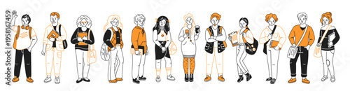 Illustration of twelve students in casual attire. They are holding different items like books, bags, and gadgets. The style is minimalistic with orange accents.