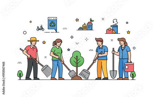 Society participating in a city clean-up or tree-planting initiative, emphasizing environmental awareness, teamwork, and civic responsibility. Minimalist flat
