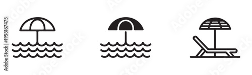 Beach umbrella icon set summer vacation seaside vacation symbol sun protection beach chair