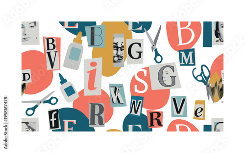 magazine art composition seamless pattern, colorful cutouts letters, images, tools like scissors and glue arranged in a repeating pattern, white background