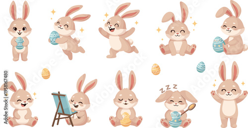 Cute easter bunny cartoon characters with painted eggs spring celebration playful rabbits and adorable holiday vector illustration set