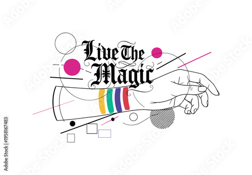 Live The Magic. lettering and all elements in black. Vector style. AWhite background. Pure white background. Perfect isolation and visual