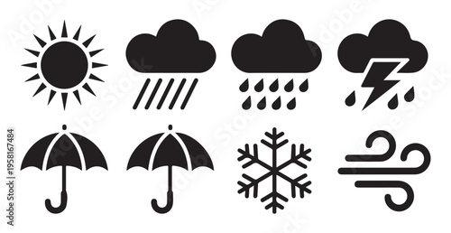 Weather forecast icon set including sun rain clouds lightning snowflake and wind symbols for meteorological use
