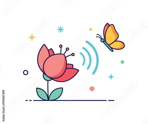 Petal fragrance attraction stylized flower releasing soft scent waves while a butterfly moves toward the bloom. The composition represents how petals help
