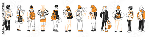 Stylized illustration of diverse backpackers in black and orange attire. Characters stand in a line with unique backpacks. Modern style, ideal for education themes.