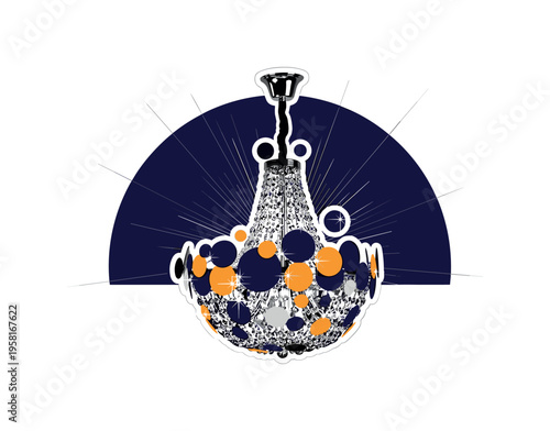 A black and white realistic crystal chandelier hanging centrally, sparkling fragments stylized as bold geometric circles and small rectangular