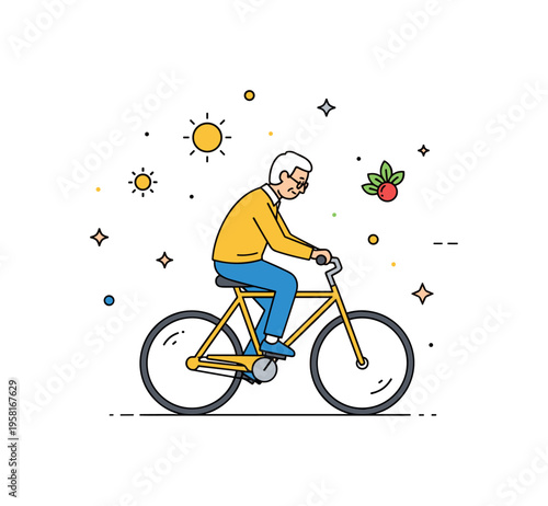Active senior lifestyle older adult riding a bicycle while tiny stars and sun icons suggest energy and healthy living. Positive concept illustrating