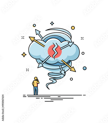 Regretful thoughts concept swirling thought cloud with broken path arrows while a small figure stands in contemplation. The scene expresses emotional struggle