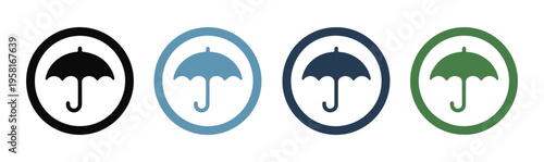 Colorful circular umbrella icons in black blue and green shades for weather apps and shipping safety labels set