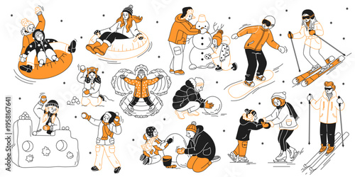Illustration of children and adults enjoying various winter activities. Cheerful atmosphere with snow and playful interactions. Engaging winter sports and fun depicted in cartoon style.
