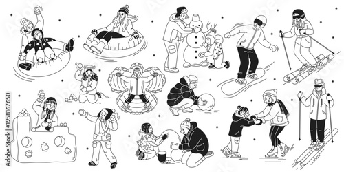 Playful children engaging in winter activities like sledding, snowboarding, and building a snowman. Joyful atmosphere on snowy landscape with cozy outfits.
