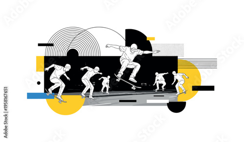 group of skaters performing tricks on urban street abstract semicircles lines and geometric blocks symbolizing dynamic movement and community black and white