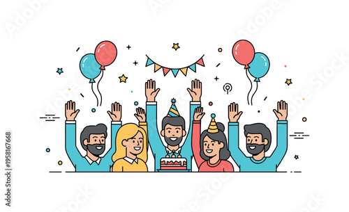 Friends celebrating together with raised hands and smiling faces gathered around a small festive cake. Balloons and confetti emphasize the atmosphere of shared