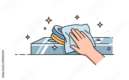 Metal polishing moment with a reflective metal surface being cleaned with a cloth while small sparkle icons appear around it. The scene symbolizes maintenance,