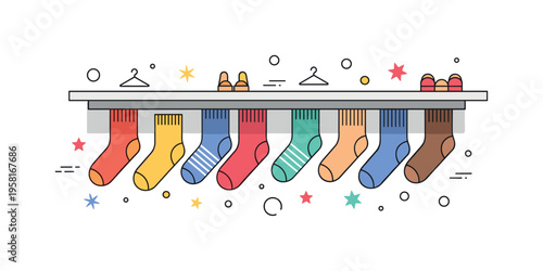 Socks neatly displayed sock drawer with multiple colorful pairs representing organization, fashion variety, and comfortable essentials. Decorative stars and