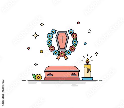 Funeral ceremony symbolic scene with a small coffin icon, floral wreath, and candle arranged in a respectful memorial composition. The illustration reflects