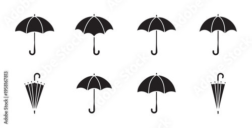Set of simple black umbrella icons, open and closed, symbolizing protection and rain, perfect for weather apps