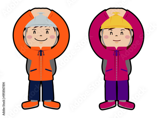 防災ヘルメットを被りマル印・正解を出す男女のイラスト