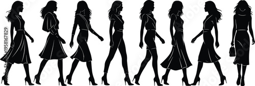 Set of elegant female silhouettes walking in stylish dresses fashion women figures isolated on white background minimal flat vector illustration modern collection