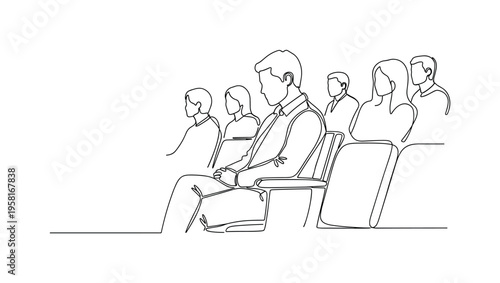 Passive Engagement. Minimalistic one-line drawing individual in audience sitting quietly without participation, continuous single black line on white
