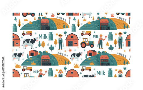 milk farm ecosystem seamless pattern, cows farmers barns milk cans tractors and grass fields arranged in a repeating pattern, white background with deep teal