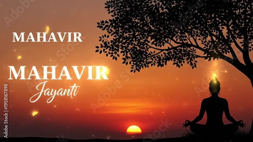 Mahavir Jayanti Sunset Silhouette Meditation Under Sacred Tree Poster Background