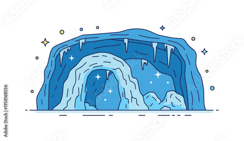 Ice cave natural frozen cavern with blue ice arches and small icicles hanging from the ceiling while light reflections sparkle inside. The composition captures