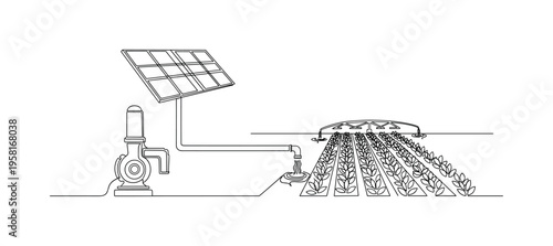Solar Water Pump. Minimalistic one-line drawing solar-powered water pump irrigating crops in a farm field, continuous single black line on white background,