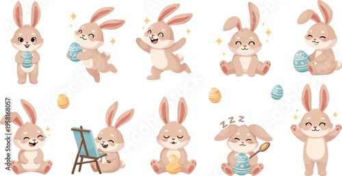 Cute easter bunny cartoon set with painted eggs playful poses spring holiday characters and adorable rabbit vector illustration collection