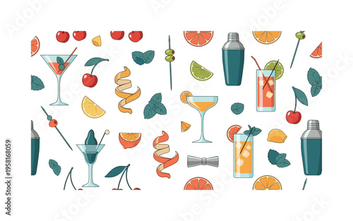 cocktail garnish and tools seamless pattern, cherries citrus peels mint leaves cocktail picks glasses and shakers arranged in a repeating pattern, white