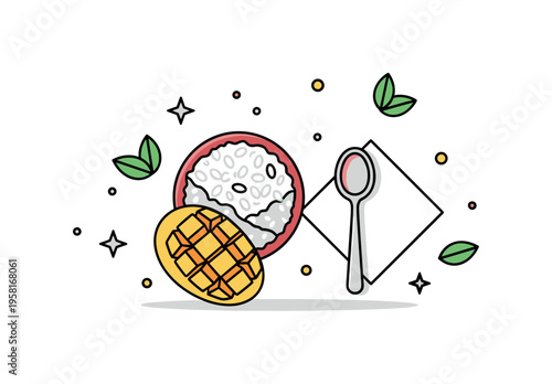 Mango sticky rice served alongside a tiny spoon and napkin with small tropical leaves around, emphasizing a cozy, inviting dessert moment. Minimalist flat