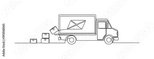 Community Mail Distribution. Minimalistic one-line drawing mail truck unloading packages for delivery, continuous single black line on white background, simple