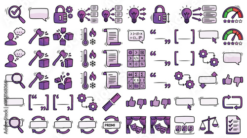 Prompt Engineering AI Icons Set in Doodle Style. A collection of AI Linear Icons, Including search, lock, idea, data, coding, logic, scroll, code, quote, bracket, gear, scale