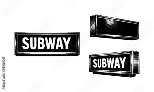 Subway entrance illuminated lightbox sign with translucent face and metal frame, represented as one realistic lightbox sign shown in three views including