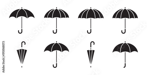 Collection of eight black umbrella icons showing open and closed views, representing weather and protection concepts