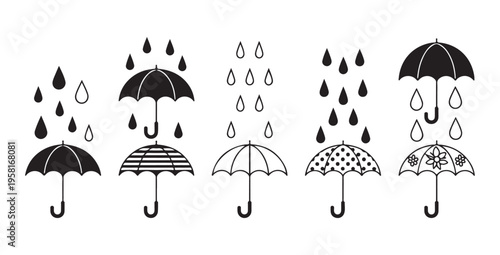 Rainy weather umbrella collection with falling raindrops and various decorative patterns for meteorology icons