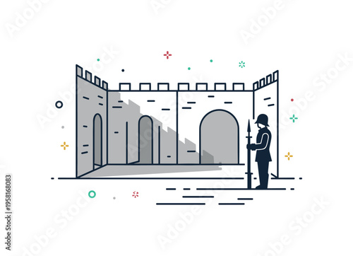Ancient garrison courtyard scene with a simple inner wall and guard silhouette standing at attention. Clean shadow shapes and tiny star accents create a