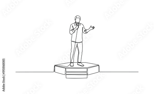 Open Mic Comedy Night. Minimalistic one-line drawing comedian speaking into a microphone on a small stage during an open mic comedy show, continuous single