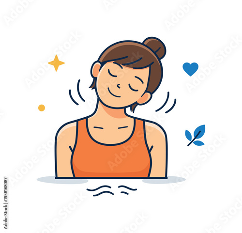 Yoga stretching for neck and shoulders represented by a simple upright pose with subtle tilt and floating motion marks, expressing tension relief and mindful