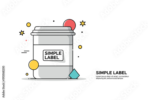 Minimal label branding system showing a plain container with a bold typographic sticker and a few geometric accent shapes nearby, reflecting clarity and
