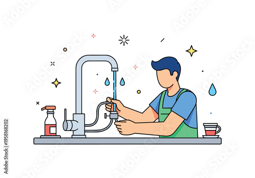 Installing a modern faucet over a kitchen sink with a person carefully adjusting connections, tiny stars and water droplets enhancing the practical, hands-on