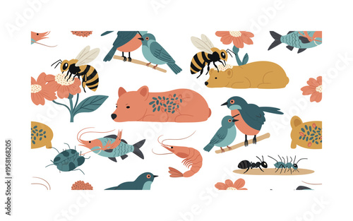 cooperative species interactions seamless pattern, bees pollinating flowers, birds removing parasites from mammals, shrimp cleaning fish, and ants tending