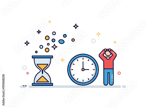 Regret over lost time symbolic scene with a simple clock beside a small figure holding their head while a fading hourglass icon suggests time slipping away.