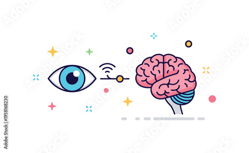 Eye and brain connection visual signals traveling from the eye through a small optic nerve line toward a brain icon illustrating how sight is processed.