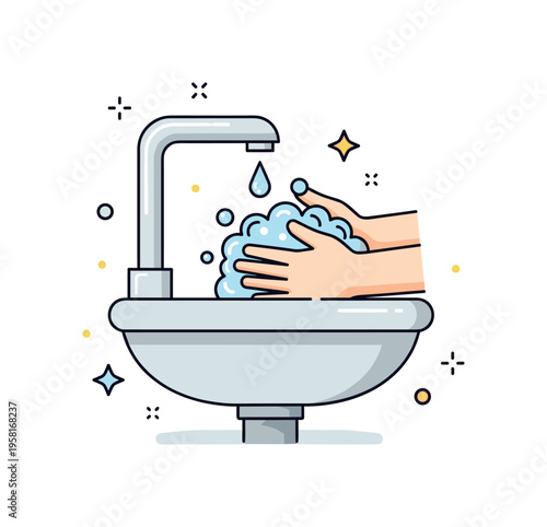 Washing hands with soap and water at a sink, bubbles forming as droplets fall, emphasizing hygiene and care in a bright, clean scene. Minimalist flat vector