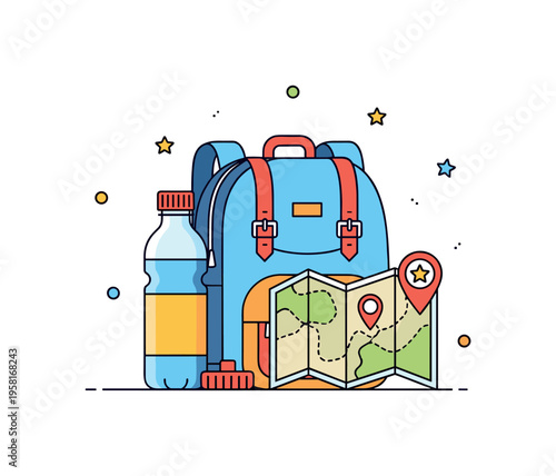 Field trip essentials arranged around a simple backpack including a water bottle, cap, and folded map with a tiny star marker. Friendly educational moment