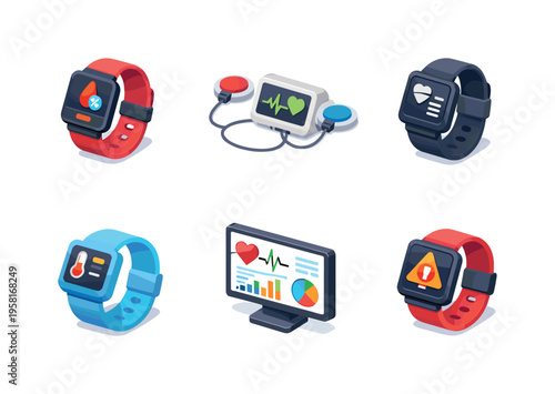 Health monitoring. Isometric flat vector icons set of health monitoring: blood oxygen sensor wearable, ECG monitoring device, blood pressure wearable, body
