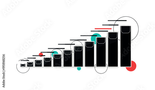 black and white gradient scale made of geometric rectangles increasing in size representing range variation, cut-out collage style with white outline, circular
