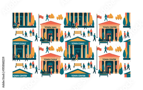 civic center exterior seamless pattern, town hall facades, columns, people walking, benches, and flags arranged in a repeating pattern, white background with